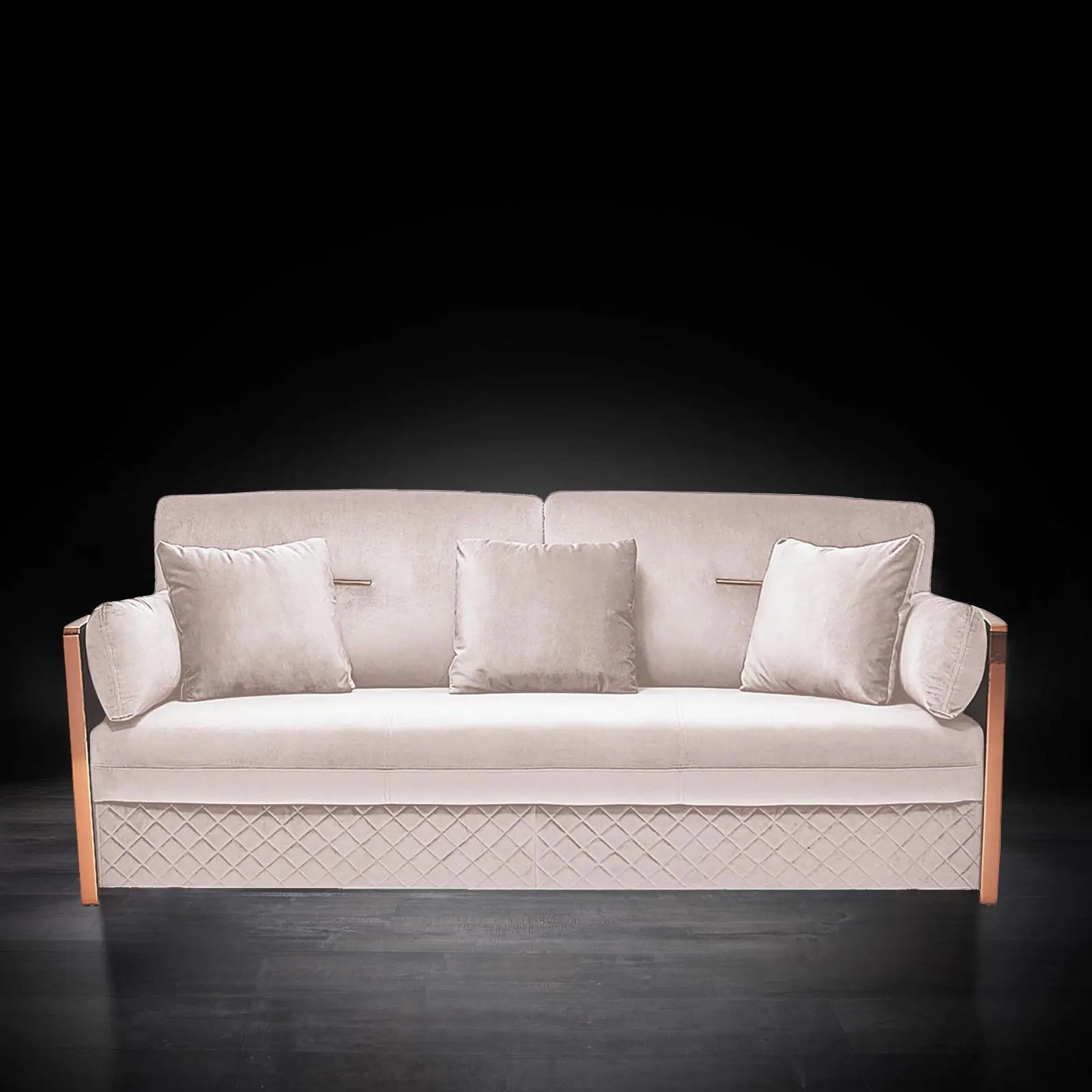 Adagio Rose Gold Polished Stainless Steel Base Beige Stylish Sofa Set RG