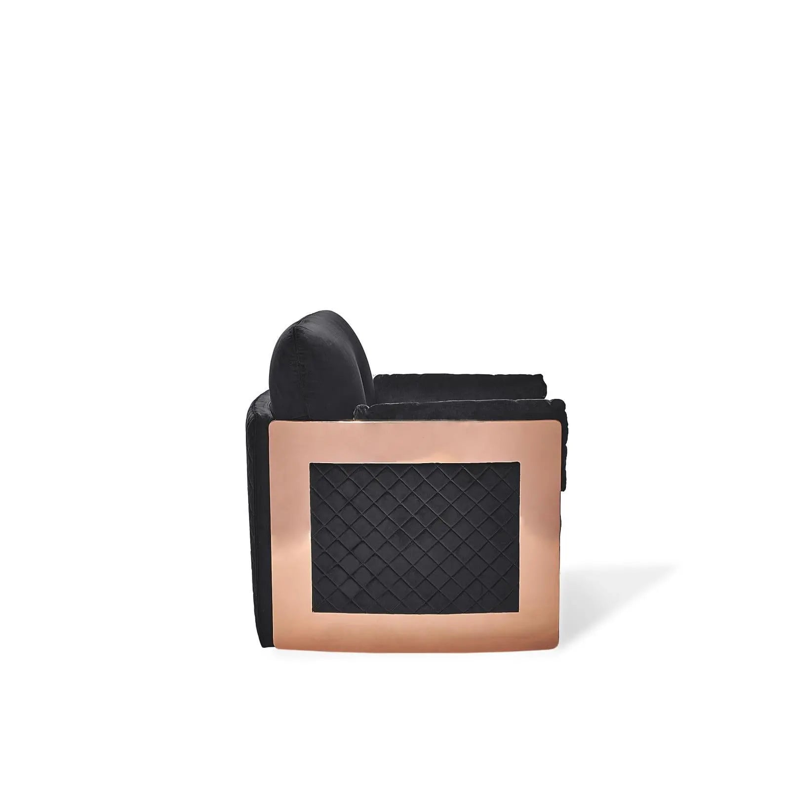 Adagio Rose Gold Polished Stainless Steel Base Black Roberto Grassie Sofa Set RG