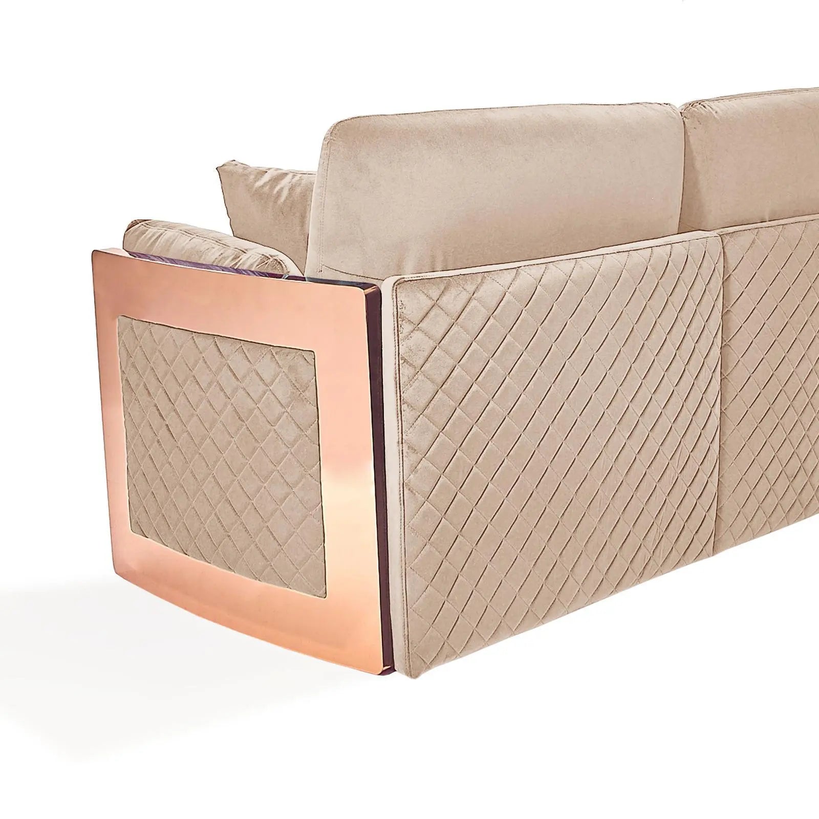 Adagio Rose Gold Polished Stainless Steel Base Dark Beige Roberto Grassie Sofa Set RG