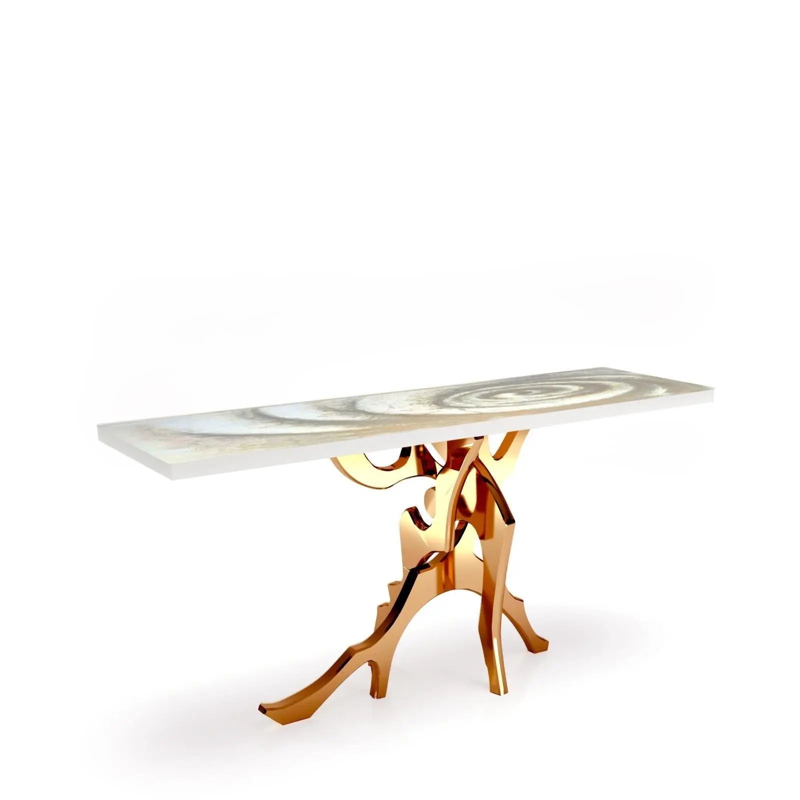 Albero Rose Gold Polished Stainless Steel Base White Fiore Large Console Table