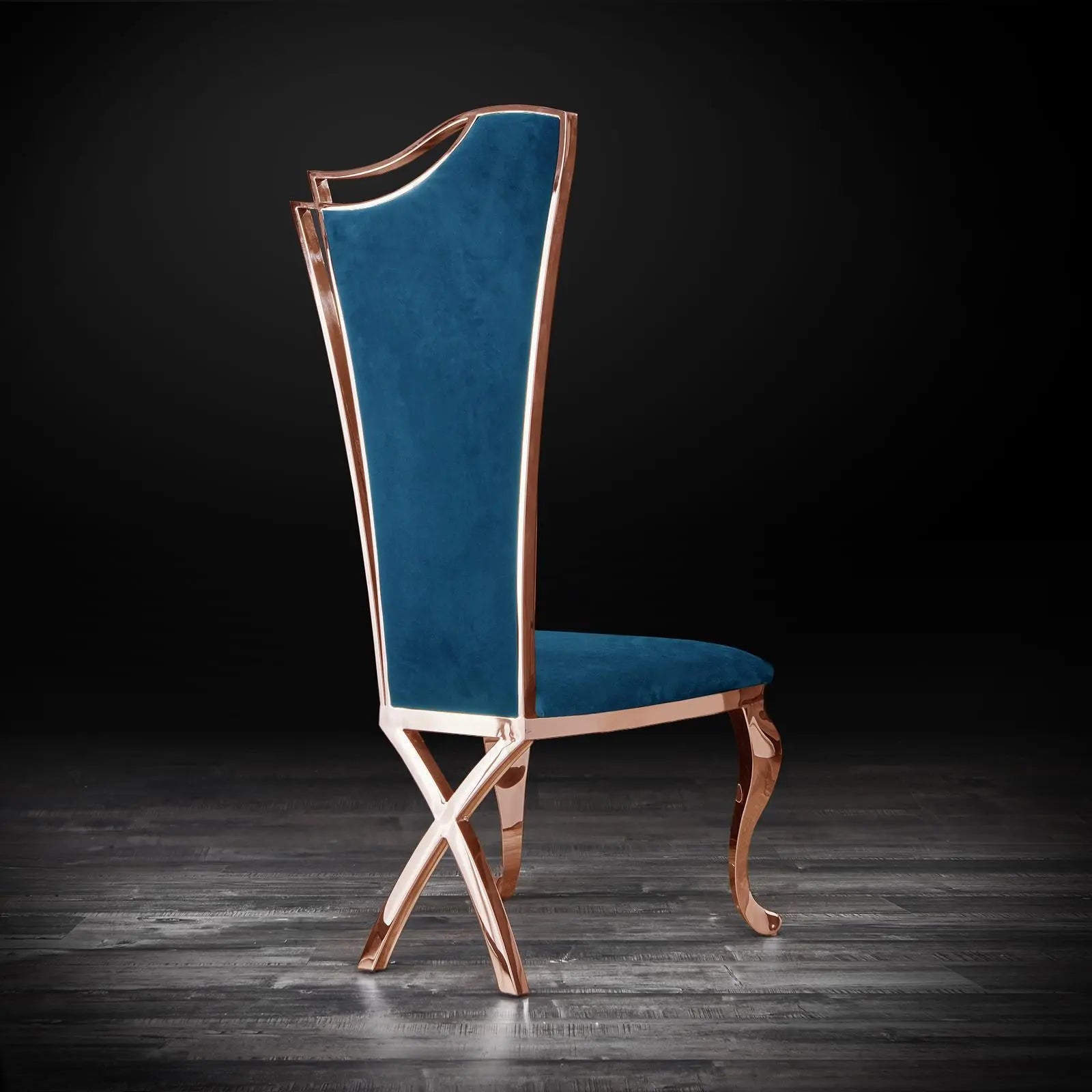 Belladonna Rose Gold Polished Stainless Steel Base Dark Blue Velvet Roberto Grassie Dining Chair RG