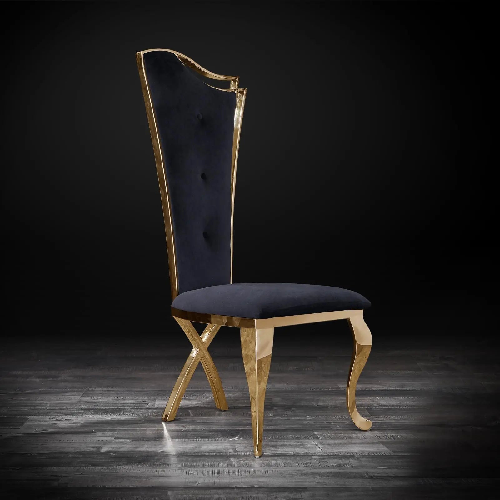 Belladonna Titanium Gold Polished Stainless Steel Base Black Velvet Stylish Dining Chair