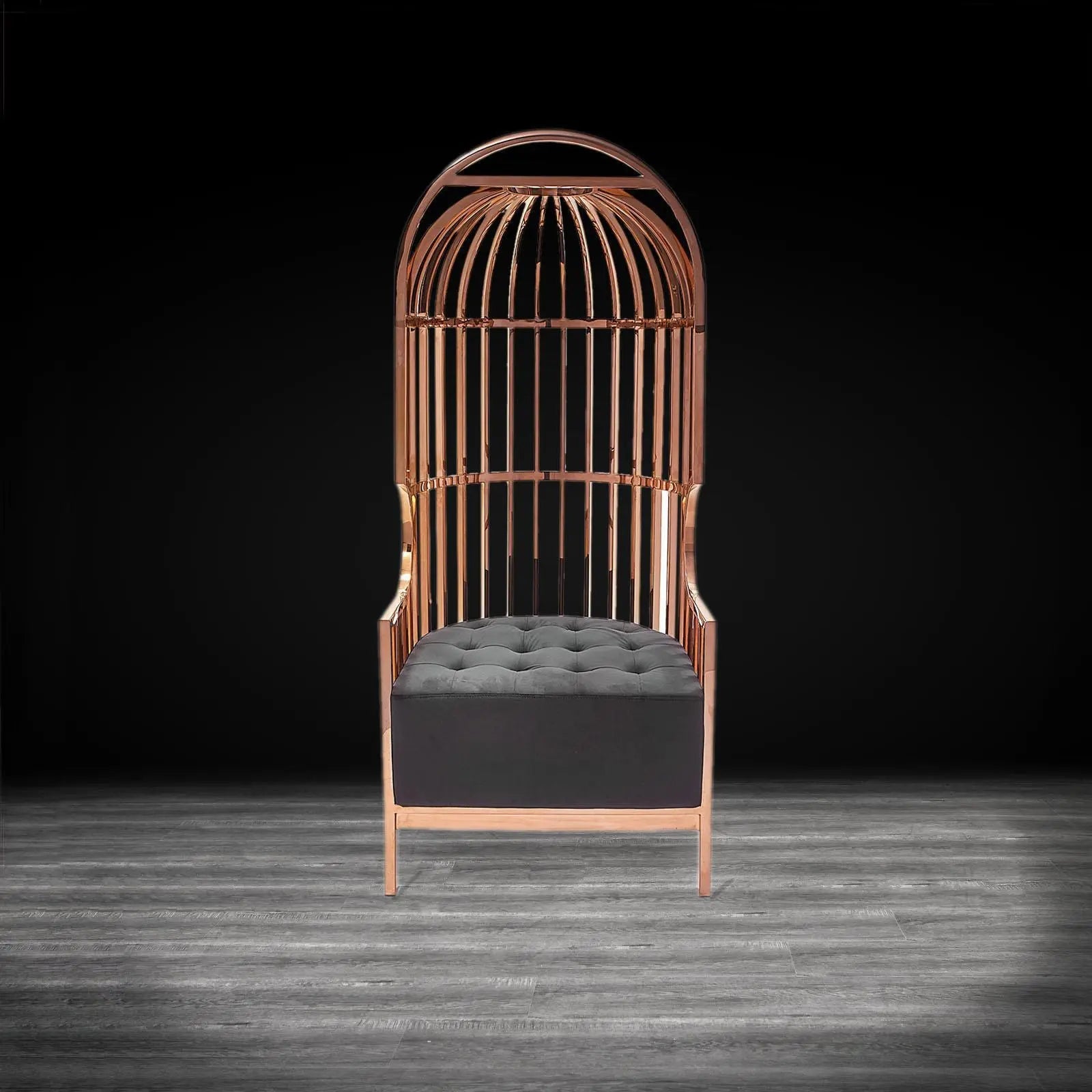 Cage Rose Gold Polished Stainless Steel Base Black Modern Accent Chair