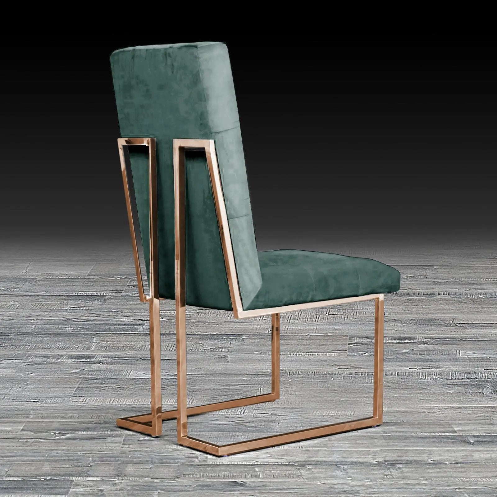 Cameron Dark Green Rose Gold Polished Stainless Steel Base Roberto Grassie Dining Chair