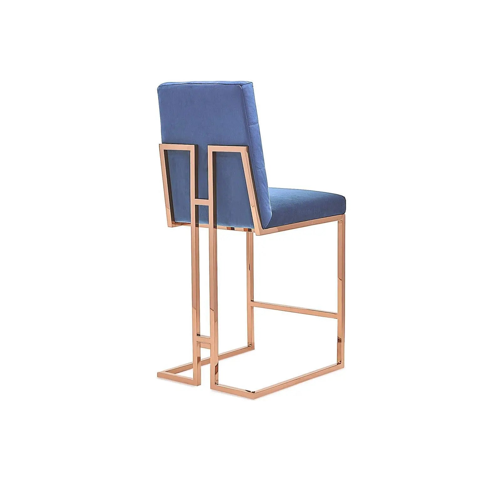 Cameron Rose Gold Polished Stainless Steel Base Dark Blue Counter Luxury Bar Stool RG