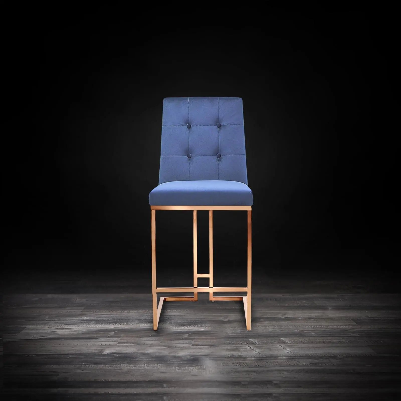 Cameron Rose Gold Polished Stainless Steel Base Dark Blue Counter Modern Bar Stool RG