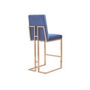 Cameron Rose Gold Polished Stainless Steel Base Dark Blue Luxury Bar Stool RG