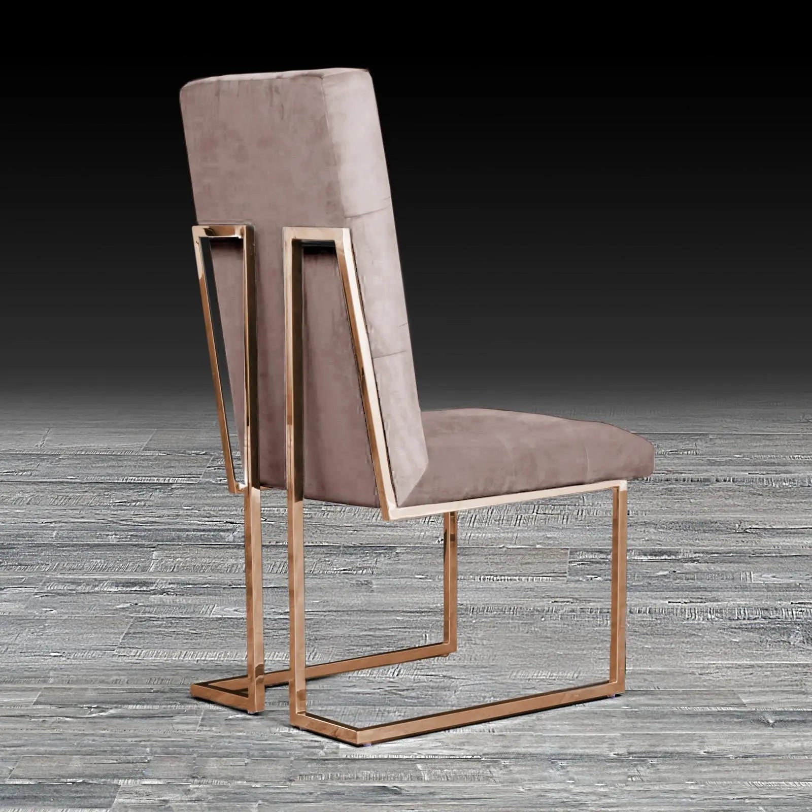 Cameron Taupe Rose Gold Polished Stainless Steel Base Roberto Grassie Dining Chair