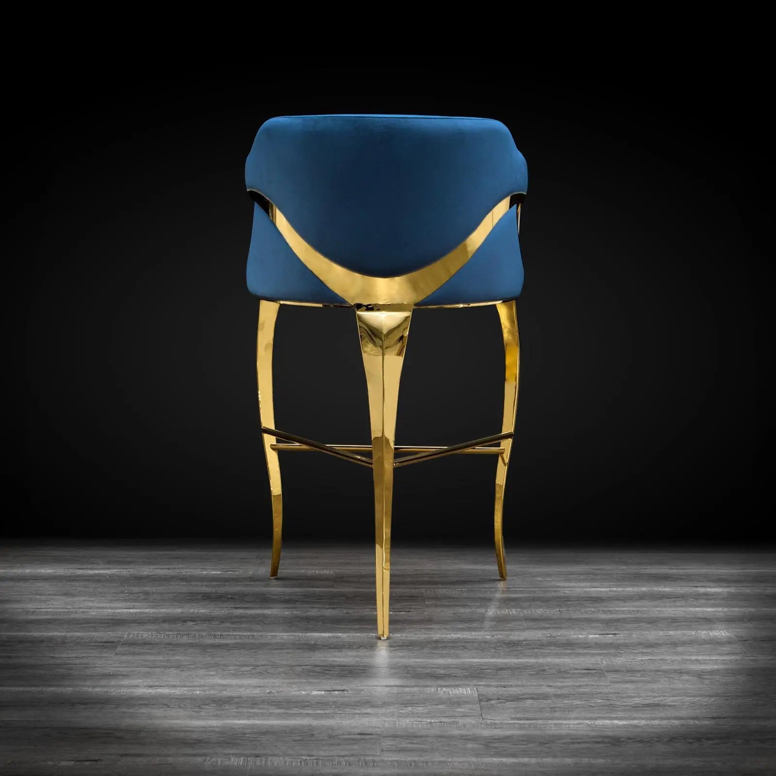 Caprice Titanium Gold Polished Stainless Steel Base Dark Blue Luxury Bar Stool
