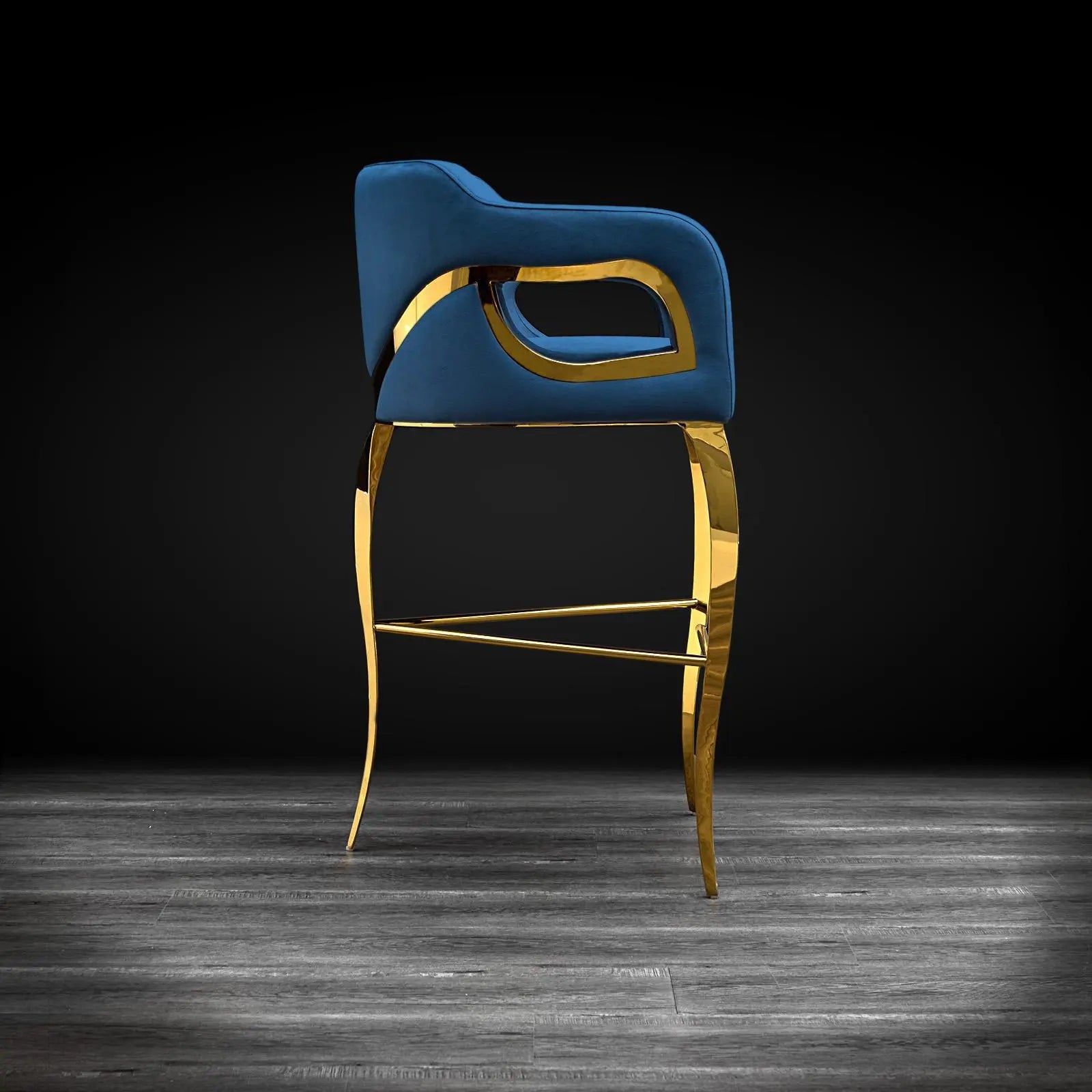 Caprice Titanium Gold Polished Stainless Steel Base Dark Blue Roberto Grassie Bar Stool