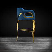Caprice Titanium Gold Polished Stainless Steel Base Dark Blue Roberto Grassie Bar Stool