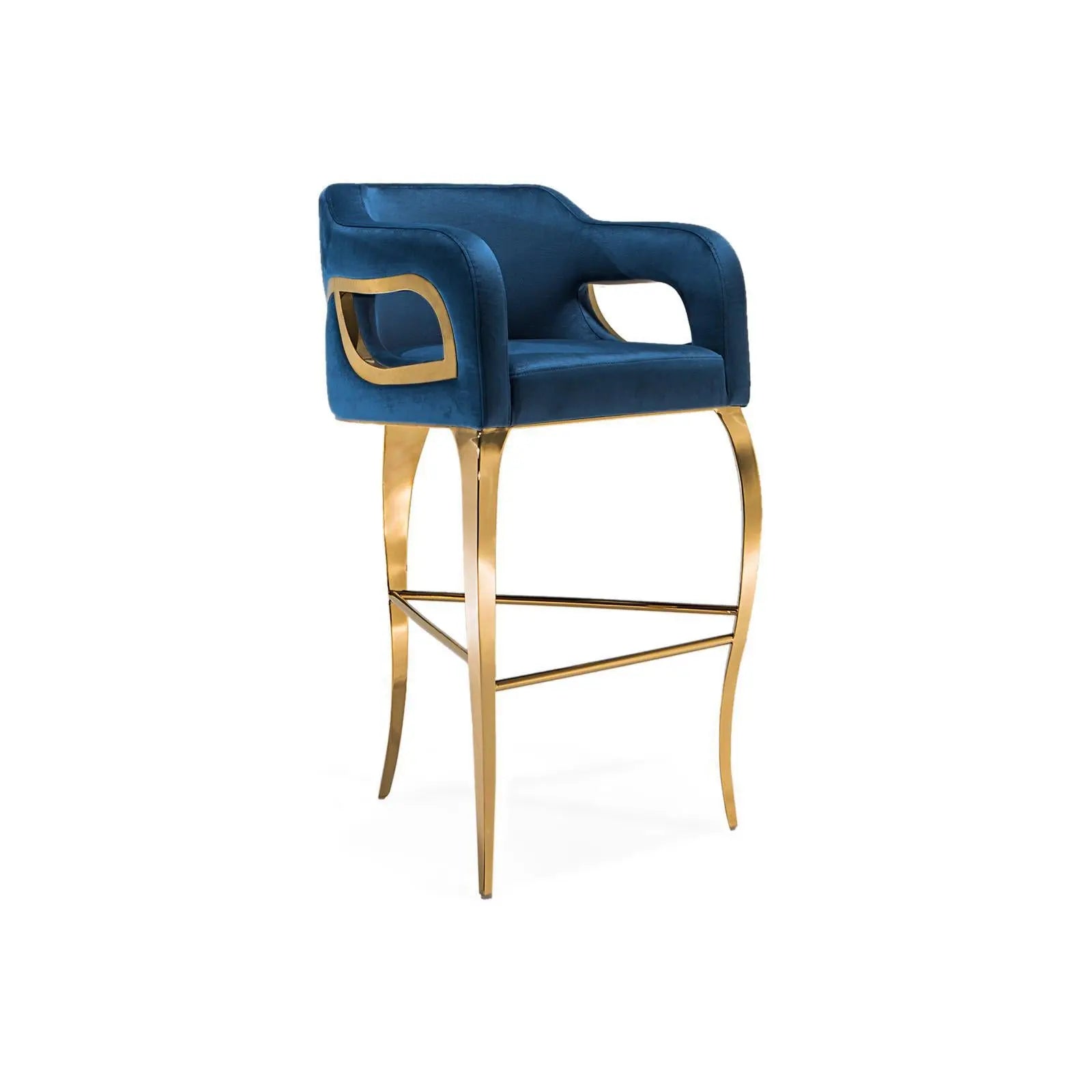Caprice Titanium Gold Polished Stainless Steel Base Dark Blue Stylish Bar Stool