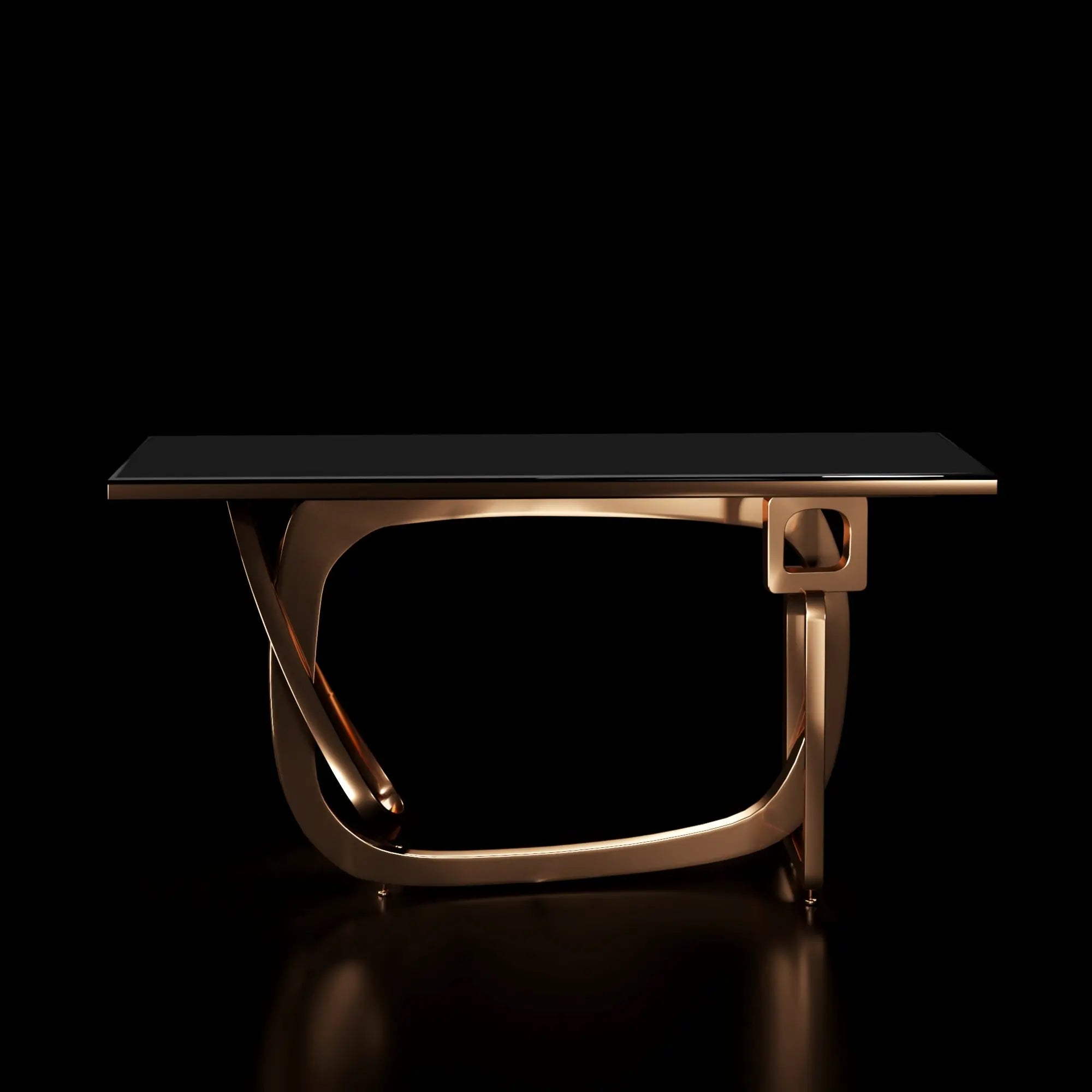 Console Table Flow Rose Gold Polished Stainless Steel Base Black Glass Modern