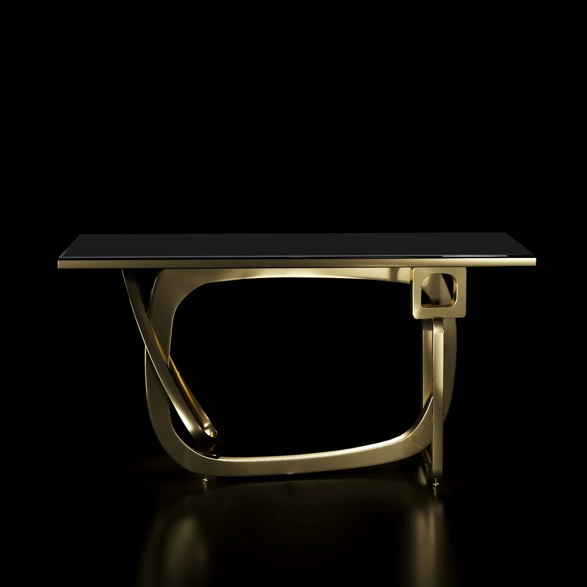 Console Table Flow Titanium Gold Polished Stainless Steel Base Black Glass Modern
