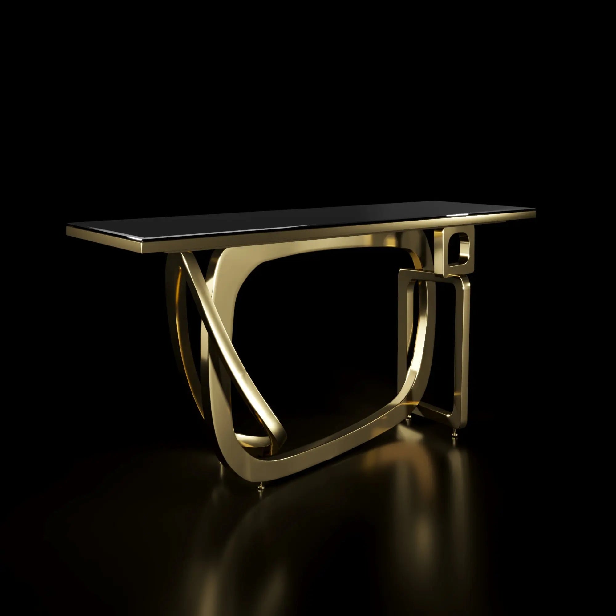 Console Table Flow Titanium Gold Polished Stainless Steel Base Black Glass