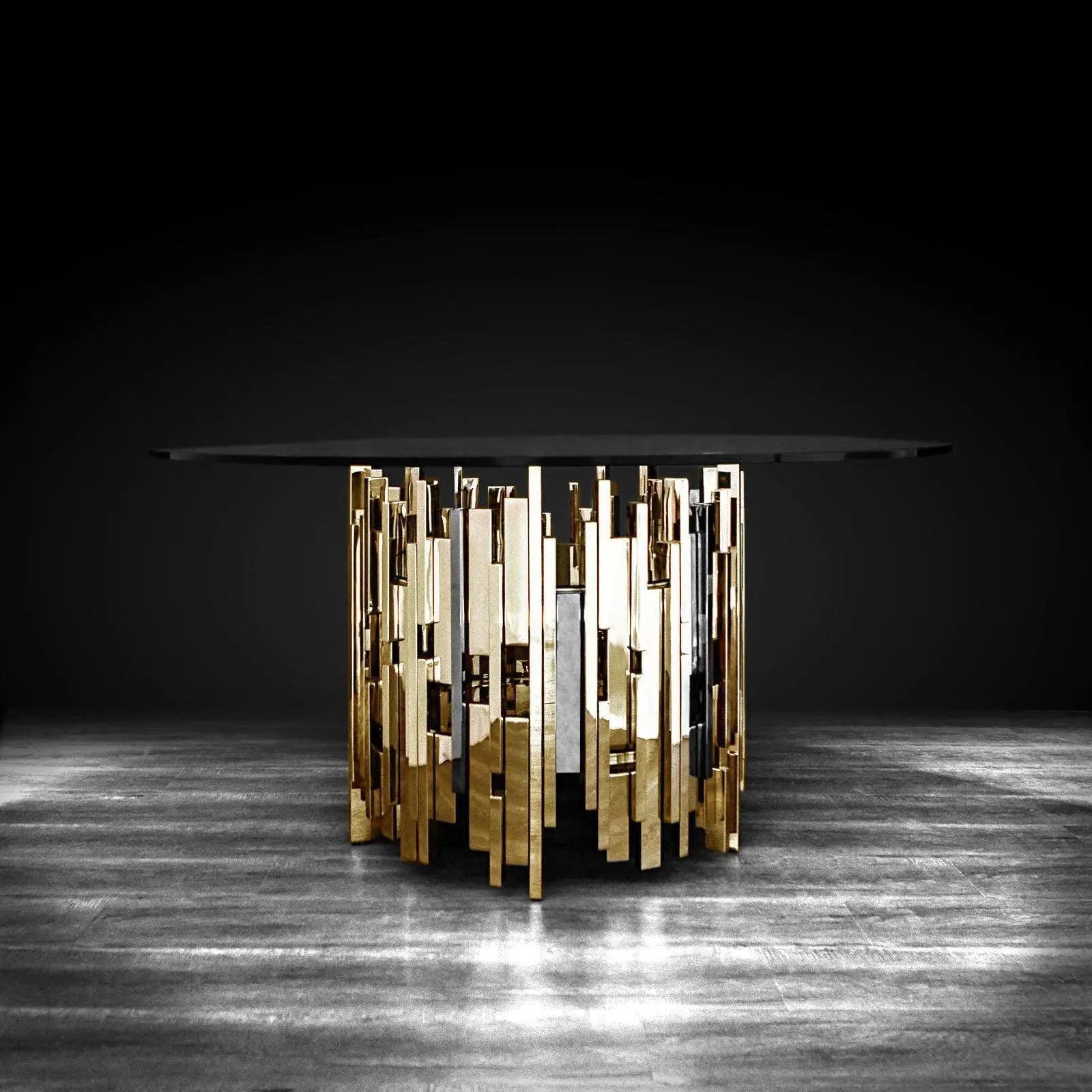 Illusion Round Titanium Gold Polished Stainless Steel Base Stylish Dining Table