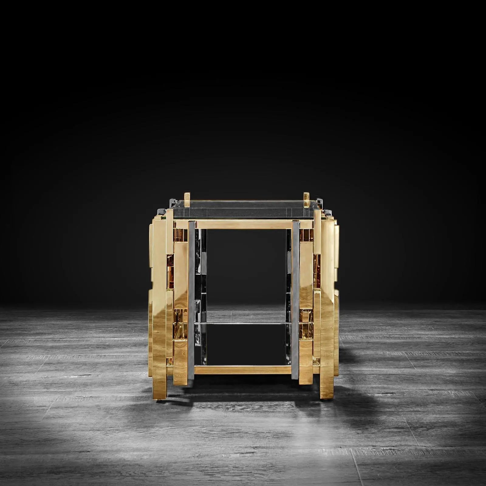 Illusion Square Titanium Gold Polished Stainless Steel Base Modern End Table RG