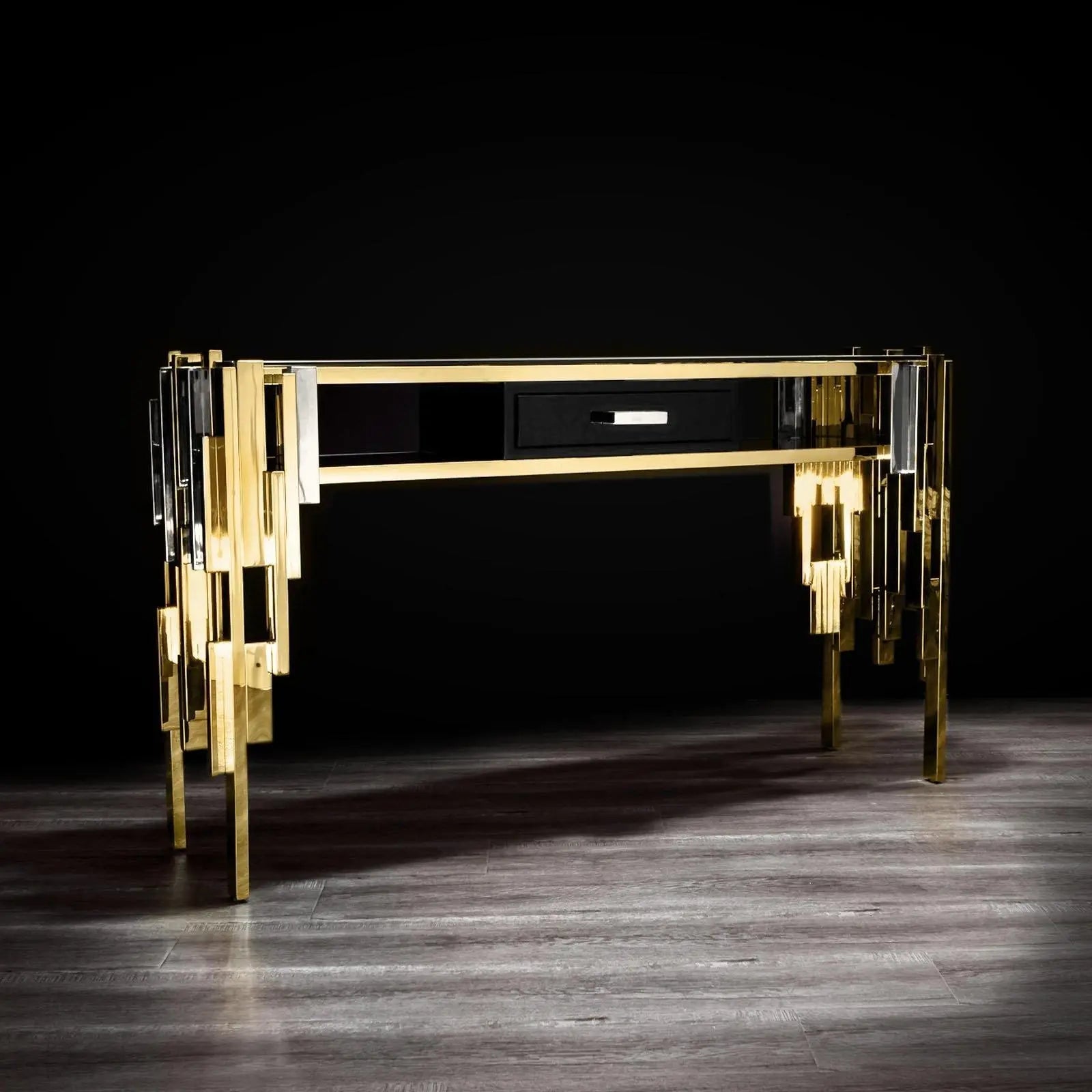 Illusion Titanium Gold Polished Stainless Steel Base Polished Stainless Steel Base Luxury Console Table RG
