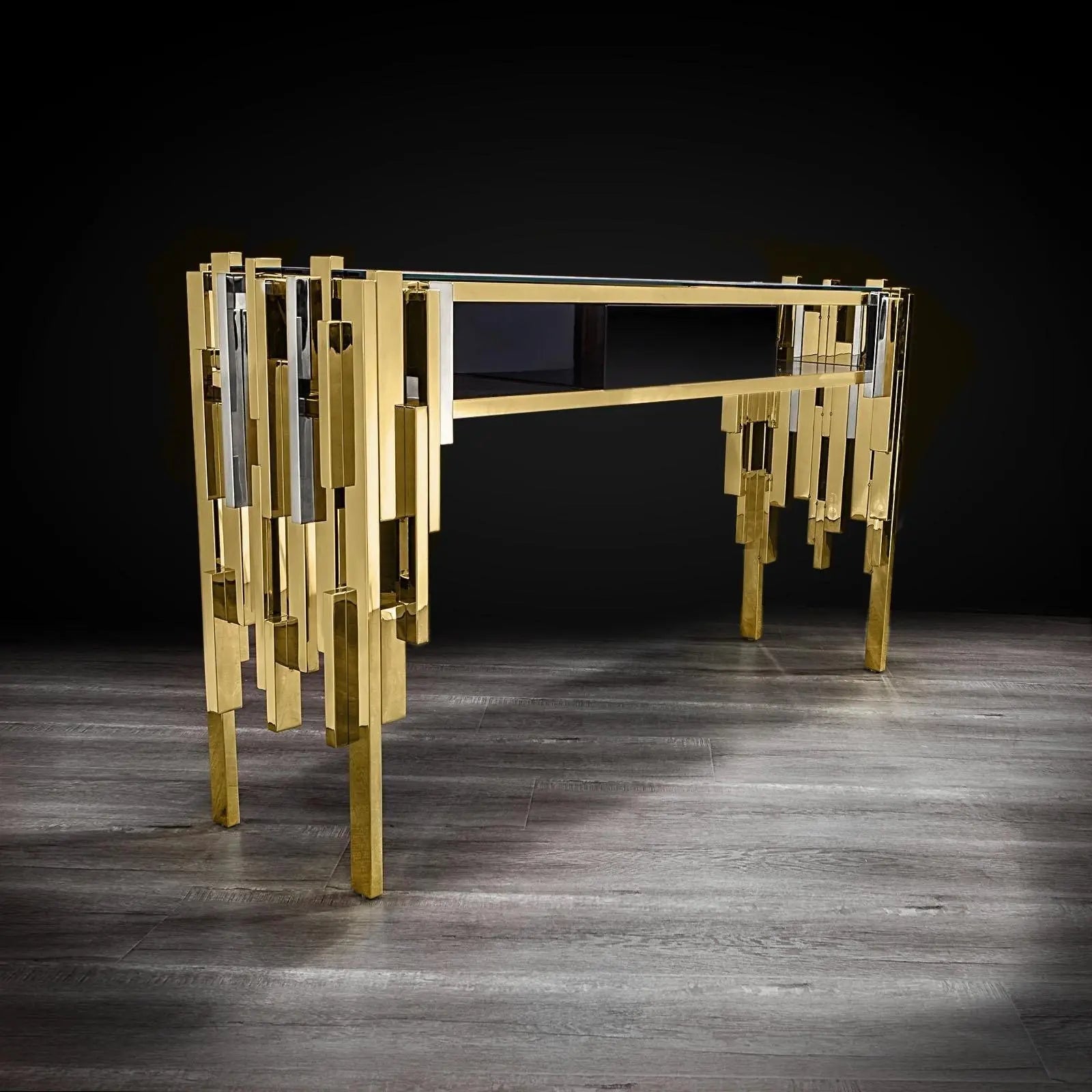 Illusion Titanium Gold Polished Stainless Steel Base Polished Stainless Steel Base Modern Console Table RG