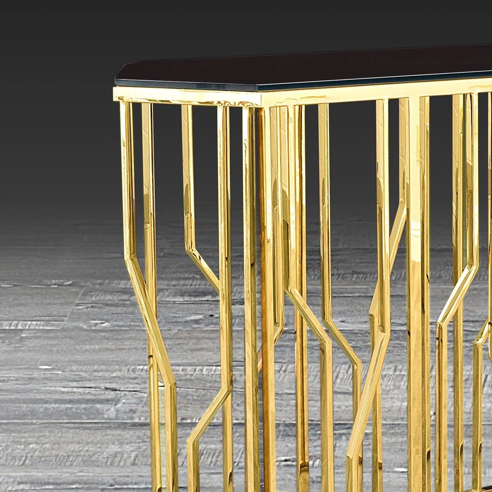 Lorensia Lg Titanium Gold Polished Stainless Steel Base Glass Roberto Grassie Console Table RG