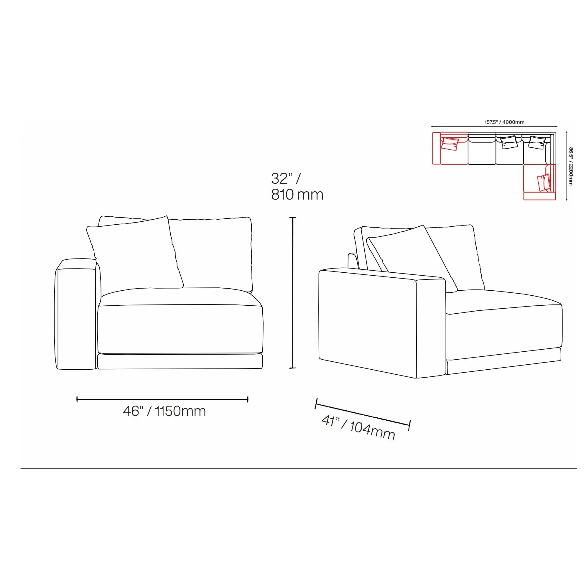 Lugano Five Pieces Sectional Laf Chair Dims RG