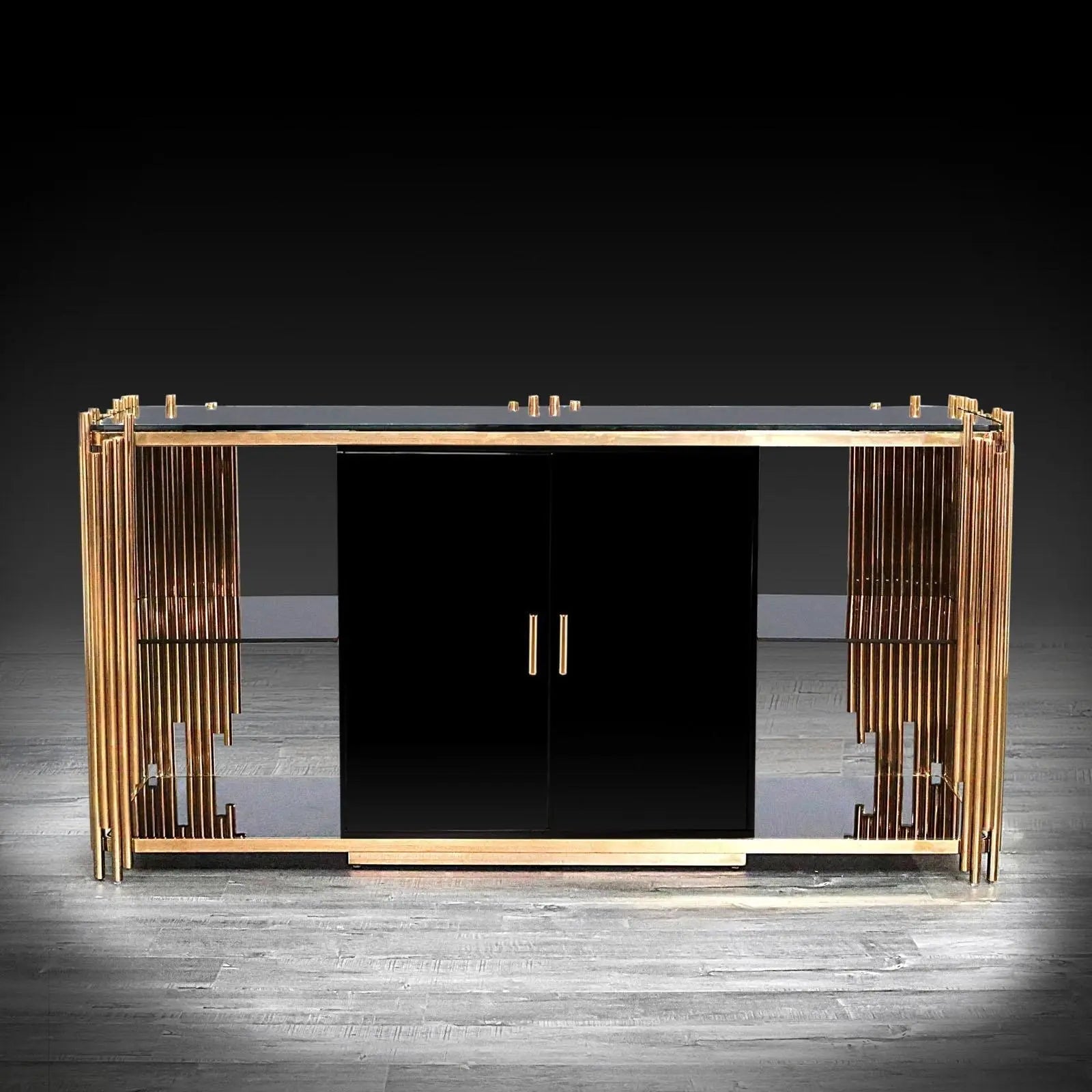 Mauris Titanium Gold Polished Stainless Steel Base Doors Black Modern Buffet