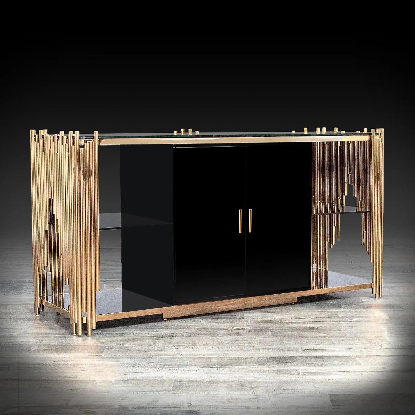 Mauris Titanium Gold Polished Stainless Steel Base Doors Black Stylish Buffet