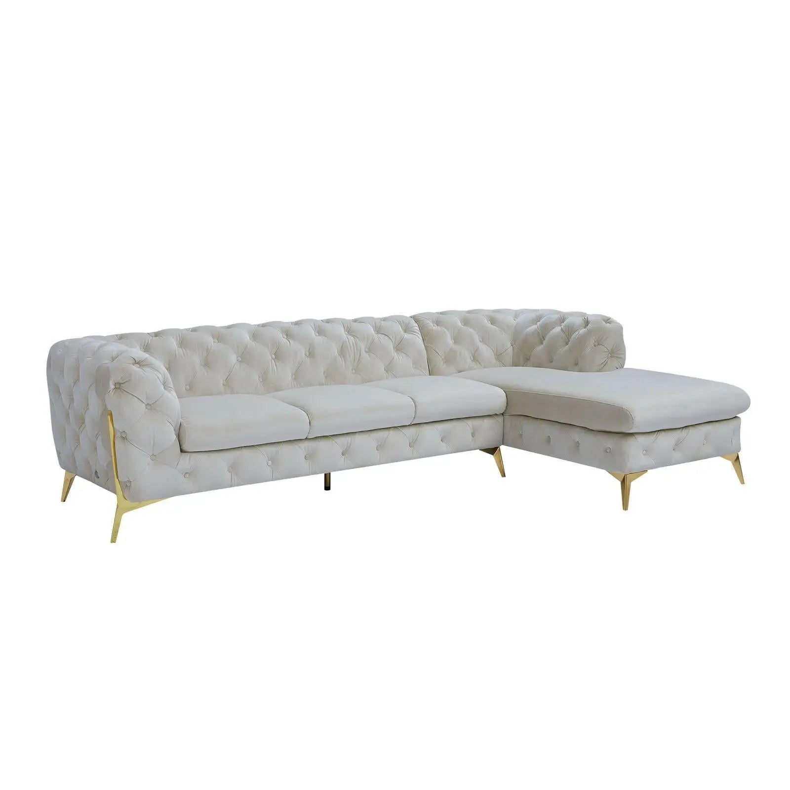 Regina Titanium Gold Polished Stainless Steel Base Left Sofa Chaise Beige Stylish Sectional