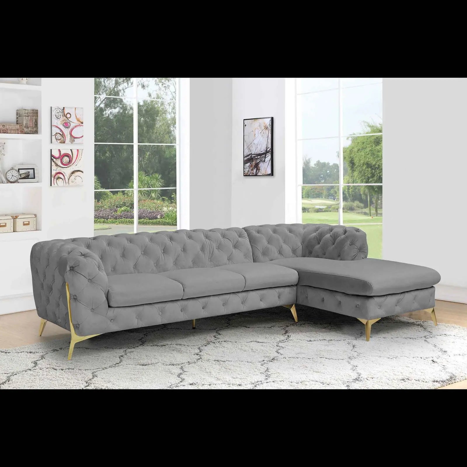 Regina Titanium Gold Polished Stainless Steel Base Left Sofa Chaise Light Gray Luxury Sectional RG