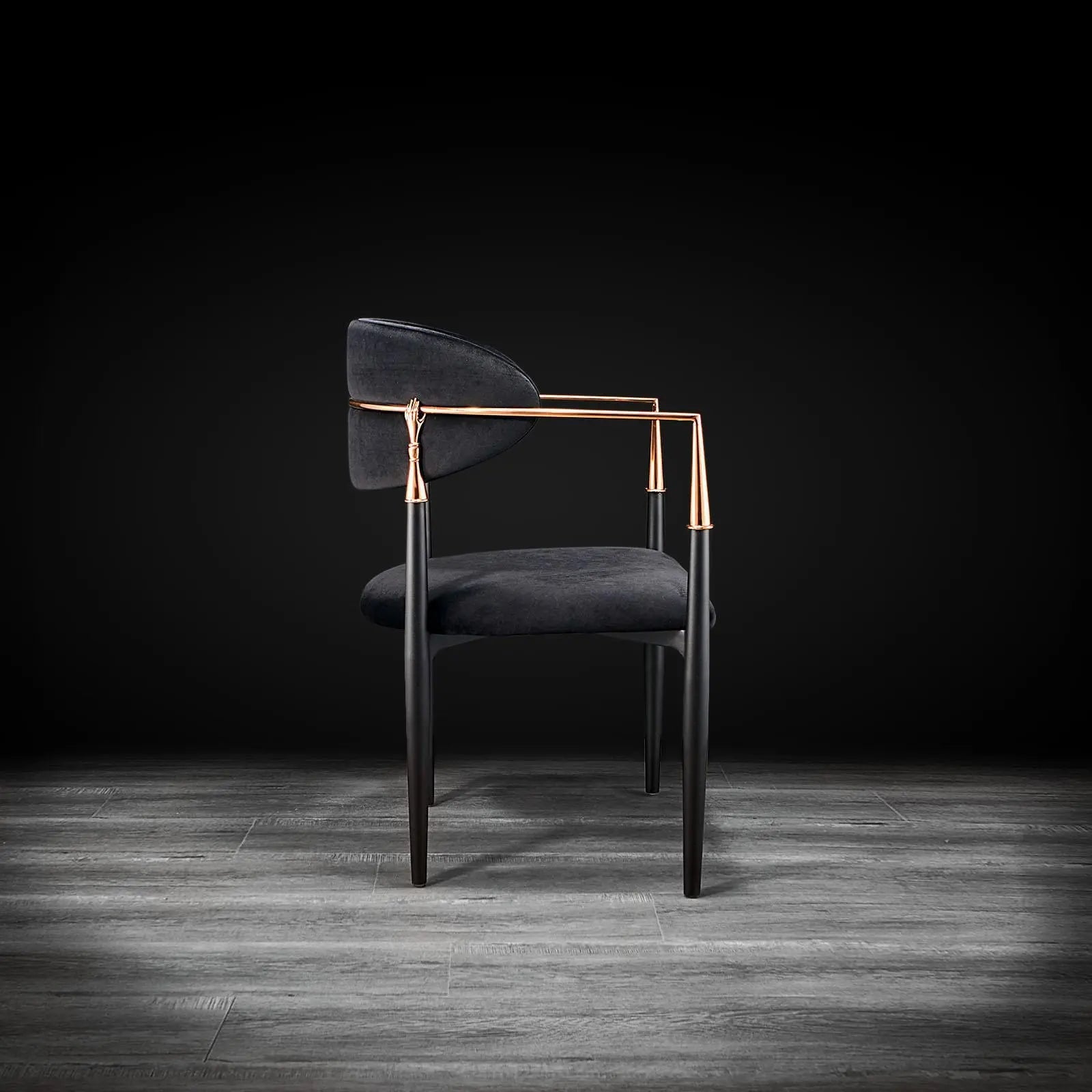 Roubi Rose Gold Polished Stainless Steel Base Black Roberto Grassie Dining Chair