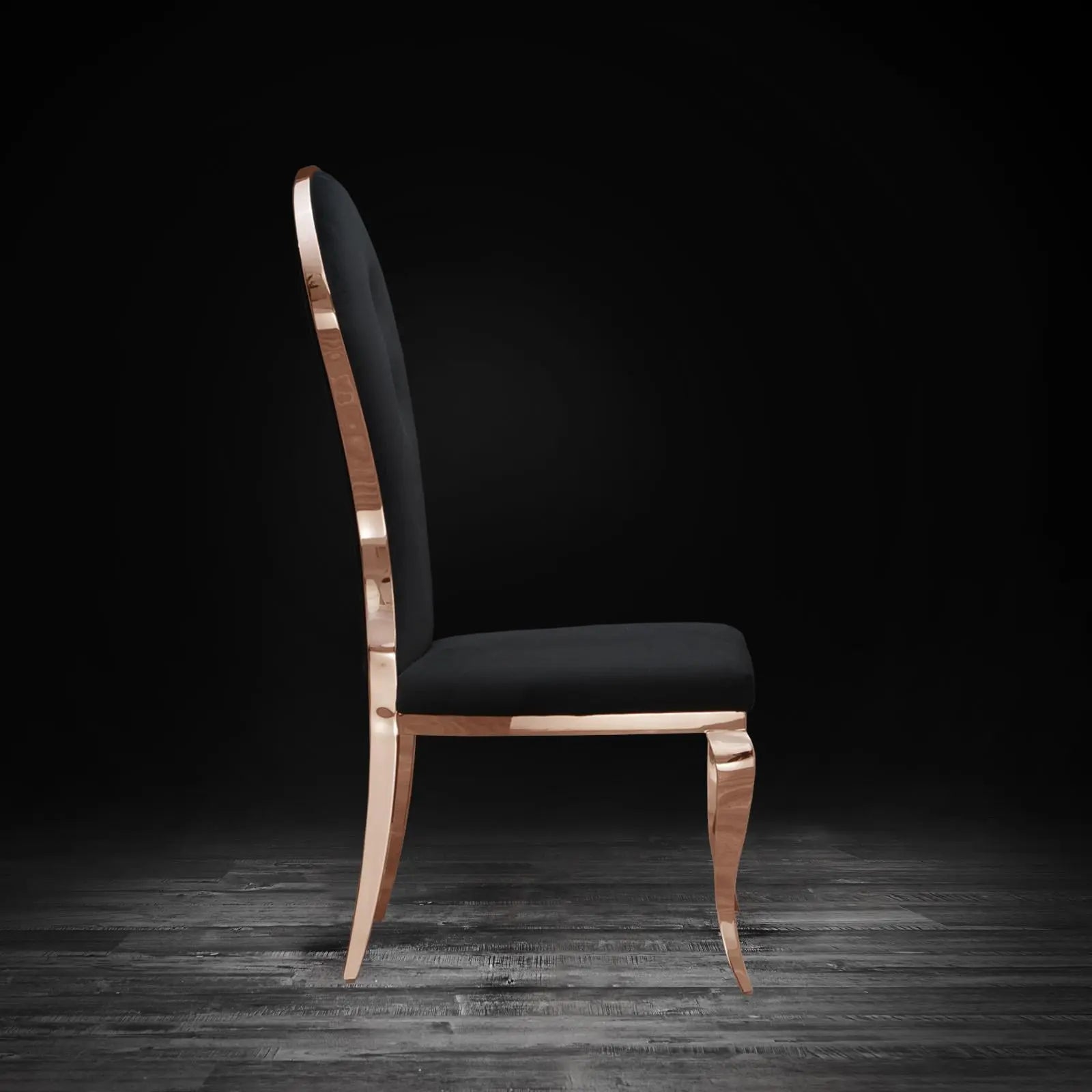 Sophia Rose Gold Polished Stainless Steel Base Black Roberto Grassie Dining Chair