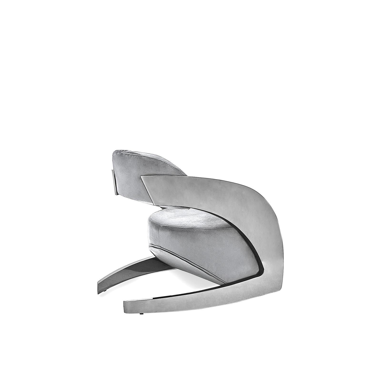 Zetta Polished Stainless Steel Base Gray Velvet Luxury Accent Chair RG