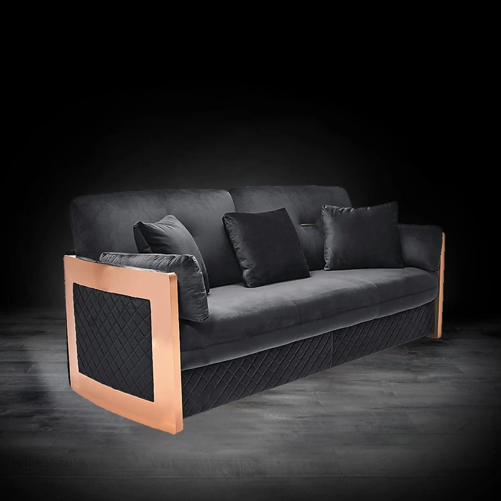 Adagio Rose Gold Polished Stainless Steel Base Black Stylish Sofa Set RG