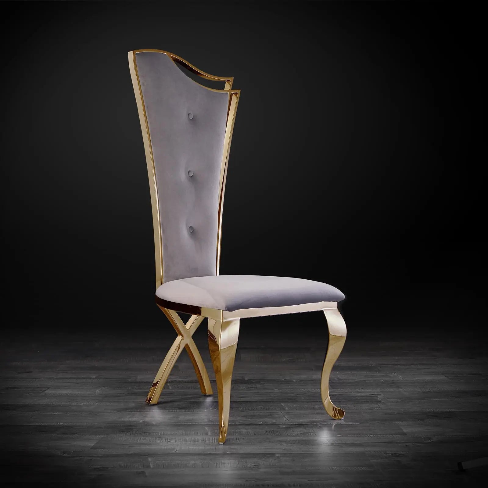 Belladonna Titanium Gold Polished Stainless Steel Base Gray Velvet Stylish Dining Chair RG